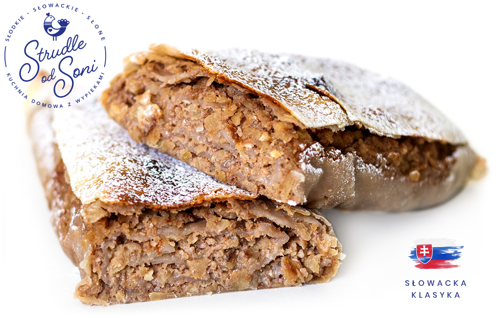 Strudle od Soni. Na zdjęciu strudel na słodko, Strudel jabłkowo-orzechowy, przekrojony słodki wypiek z małą ilością ciasta i dużą ilościa nadzienia. Strudel wypełniony utartymi jabłkami oraz orzechami włoskimi. Dostępny na zamówienie, z odbiorem własnym i z dowozem. Pytaj też o strudle na słono!