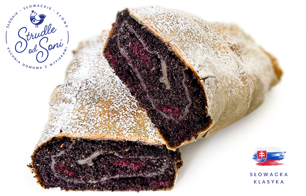 Strudle od Soni. Na zdjęciu pokazany jest świeżo upieczony strudel na słodko – makowo-wiśniowy. Strudel jest przekrojony, widoczne jest obfite nadzienie. Strudle na słodko i na słono, dostepne na zamówienie oraz w dostawie na terenie Kielc i okolic. Zamów dziś - odbierz jutro.