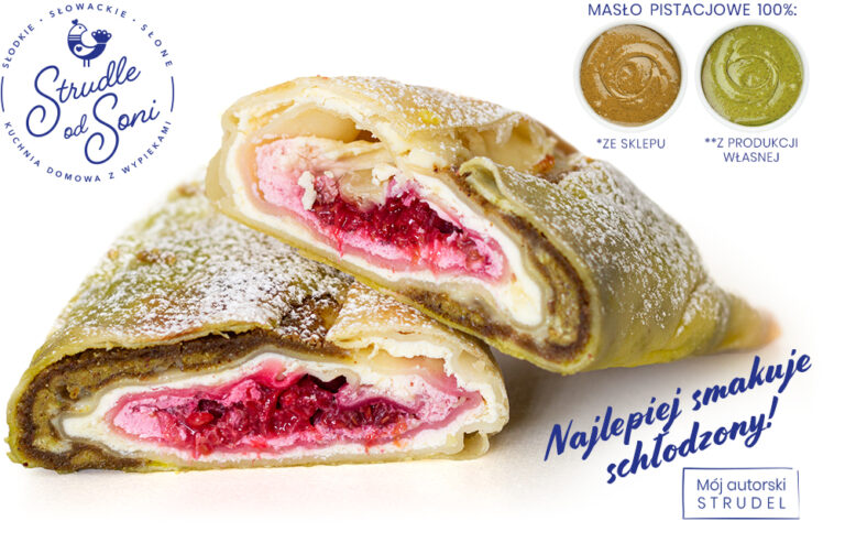 Na zdjęciu widać apetycznie wyglądający strudel na słodko z pistacjami, białą czekoladą i malinami