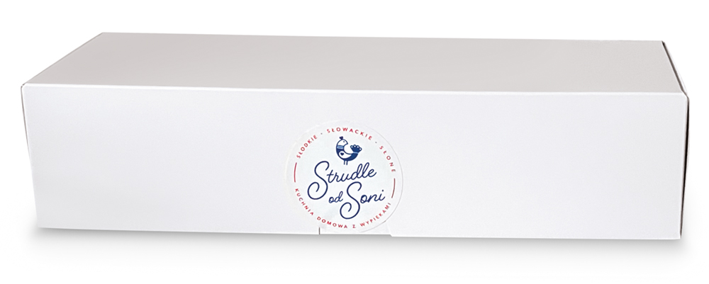 Pudełko z atestem spożywczym w jakie jest pakowany strudel.