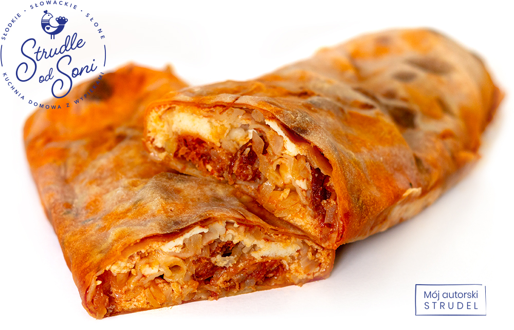 Na zdjęciu świeżo upieczony strudel wytrawny od Soni na zamówienie, wypiek na słono ze smakami słowackimi: ze słowacką bryndzą owczą 100% oraz typową słowacką kiełbasą z wyczuwalnym smakiem papryki