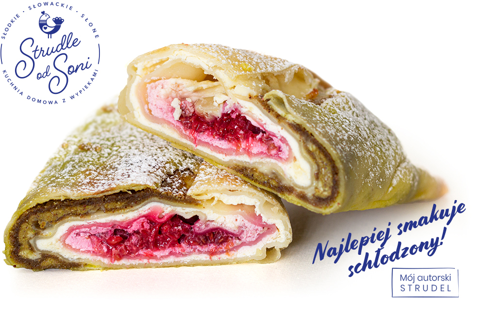 Na zdjęciu widać apetycznie wyglądający strudel na słodko z pistacjami, białą czekoladą i malinami