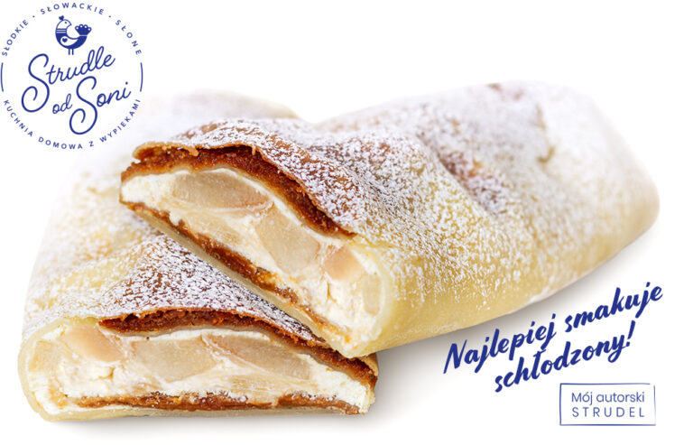 Na zdjęciu widać zbliżenie na pyszny przekrojony strudel na słodko z gruszkami, kremem ciasteczkowym Lotus Biscoff, białą czekoladą oraz delikatnym twarożkiem