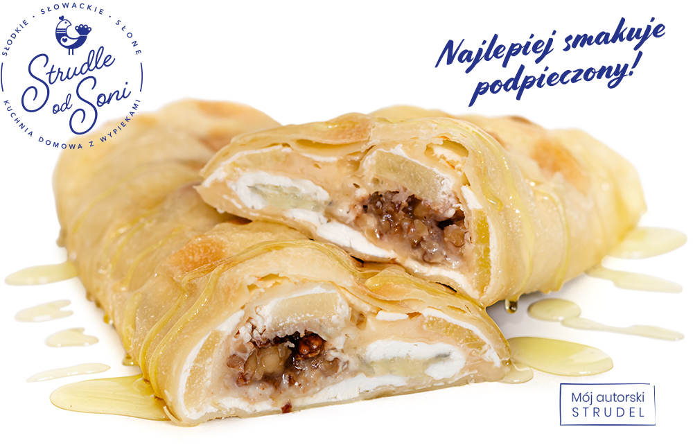 Na zdjęciu pokazany przekrojony strudel alla Fiocchetti di Pera z gruszką, ricotta, gorgonzolą, Grana Padanao, orzechami włoskimi z miodem, polany po wierzchu miodem akcacjowym