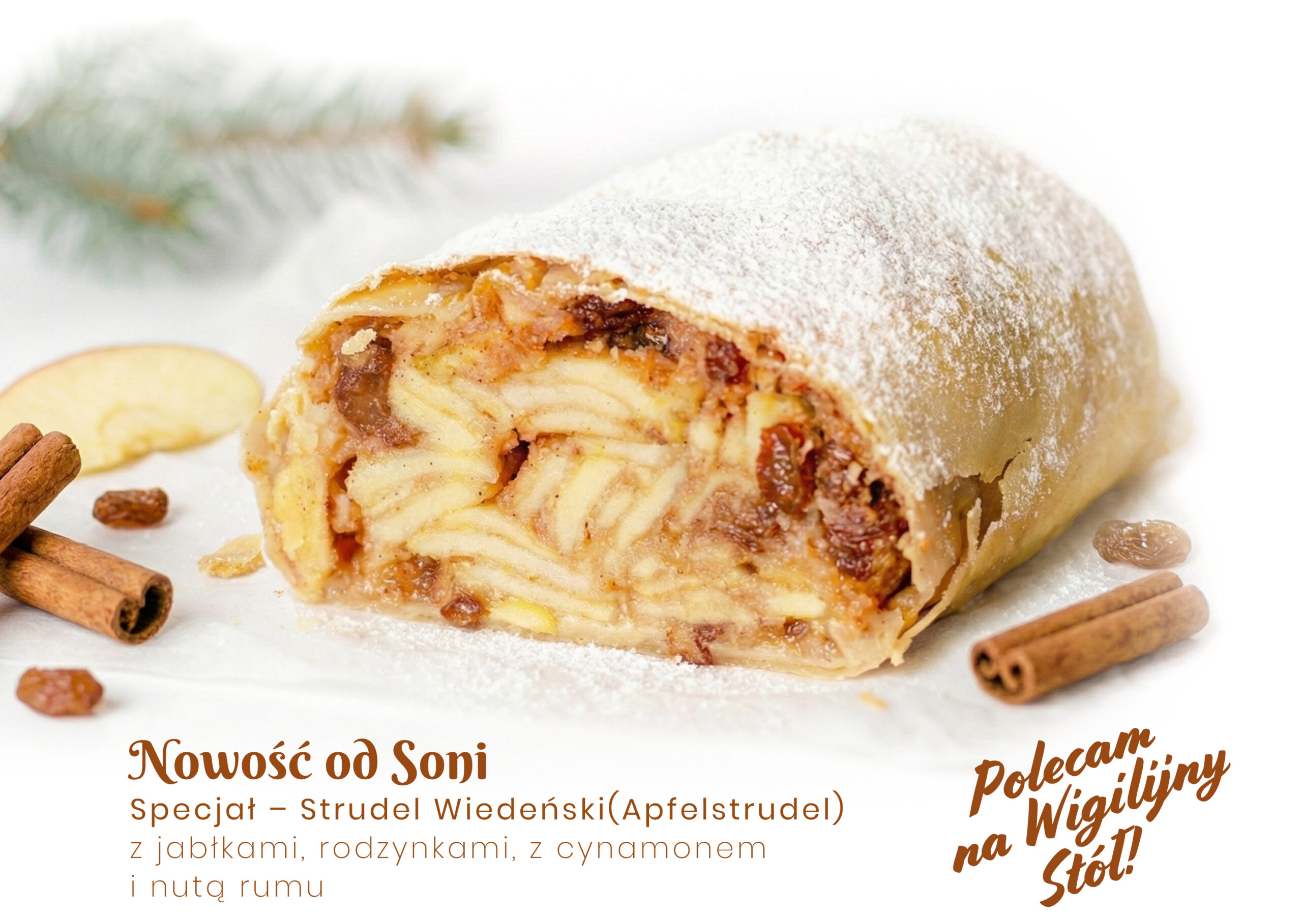 Zdjęcie przedstawia autentycznego strudla od Soni. Przekrojony Wiedeński Strudel, Austriacki Apfelstrudel z jabłkami, rodzynkami, bułka tartą prażoną i rumem oraz cynamonem. Idealny na święta Bożego Narodzenia, na stół świąteczny wigilijny, na Wigilię. Smaczny , nietypowy, niebanalny, deser. Rzemieśliniczy wypiek na zamówienie. Odbiór Kielce